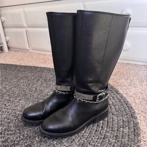 Black Leather Boots with Chain Detail